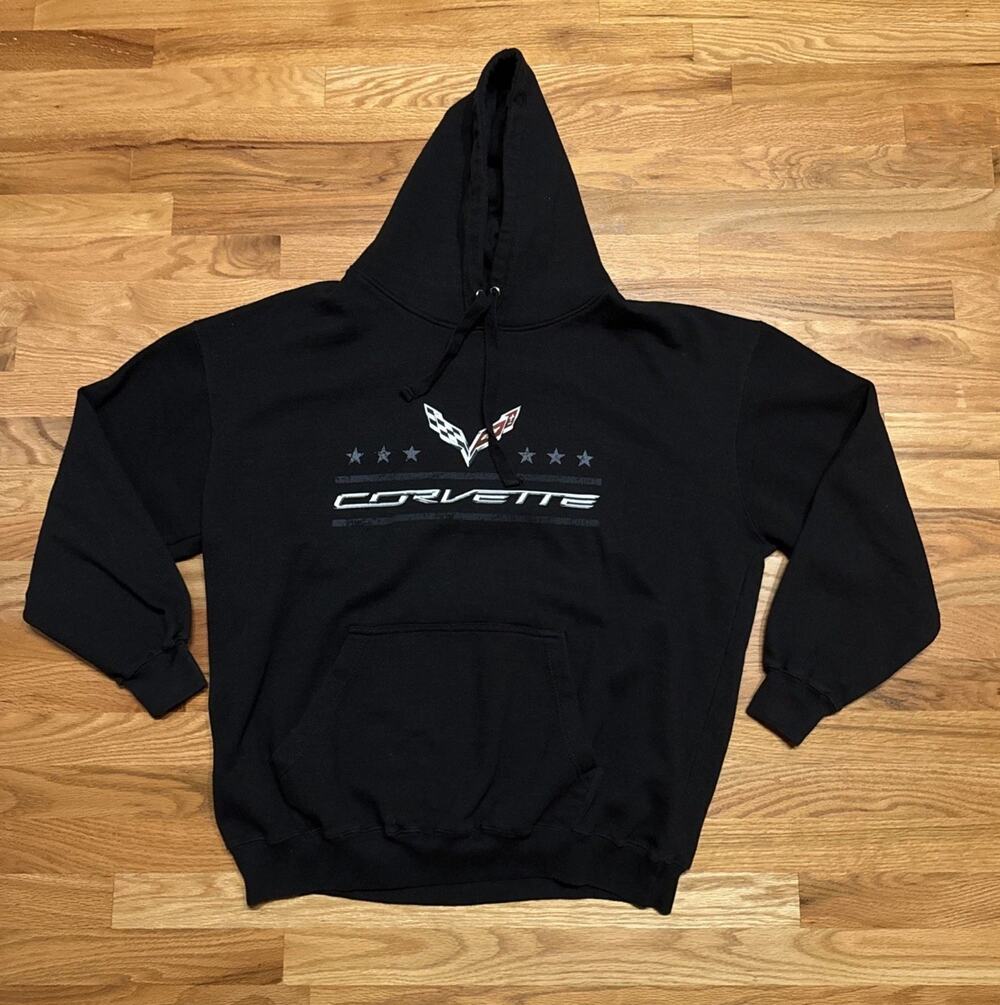 GM Corvette C6 Logo Hoodie Men’s 2XL Black Pullover Sweatshirt Licensed